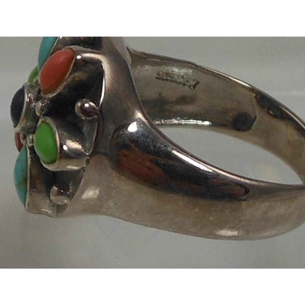 Vintage Designer Sterling Silver Turquoise Coral Garnet Ring - Size 7.75 - Picture 5 of 10
